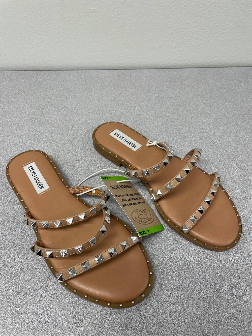 Steve Madden Tan Studded Triple-Strap Slide Sandals